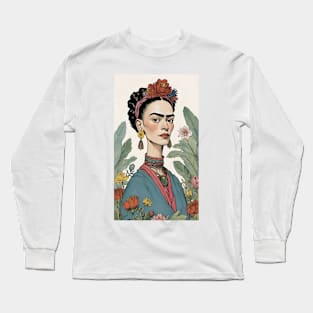 Frida's Blossoming Spirit: Floral Illustration Long Sleeve T-Shirt